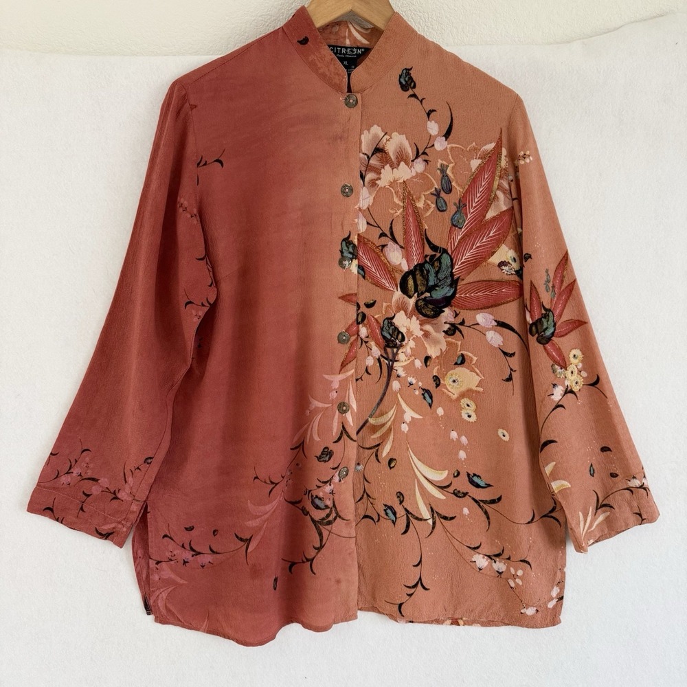 Citron Santa Monica Silk Asian Floral Tunic Top XL Art To Wear Artsy Buttons